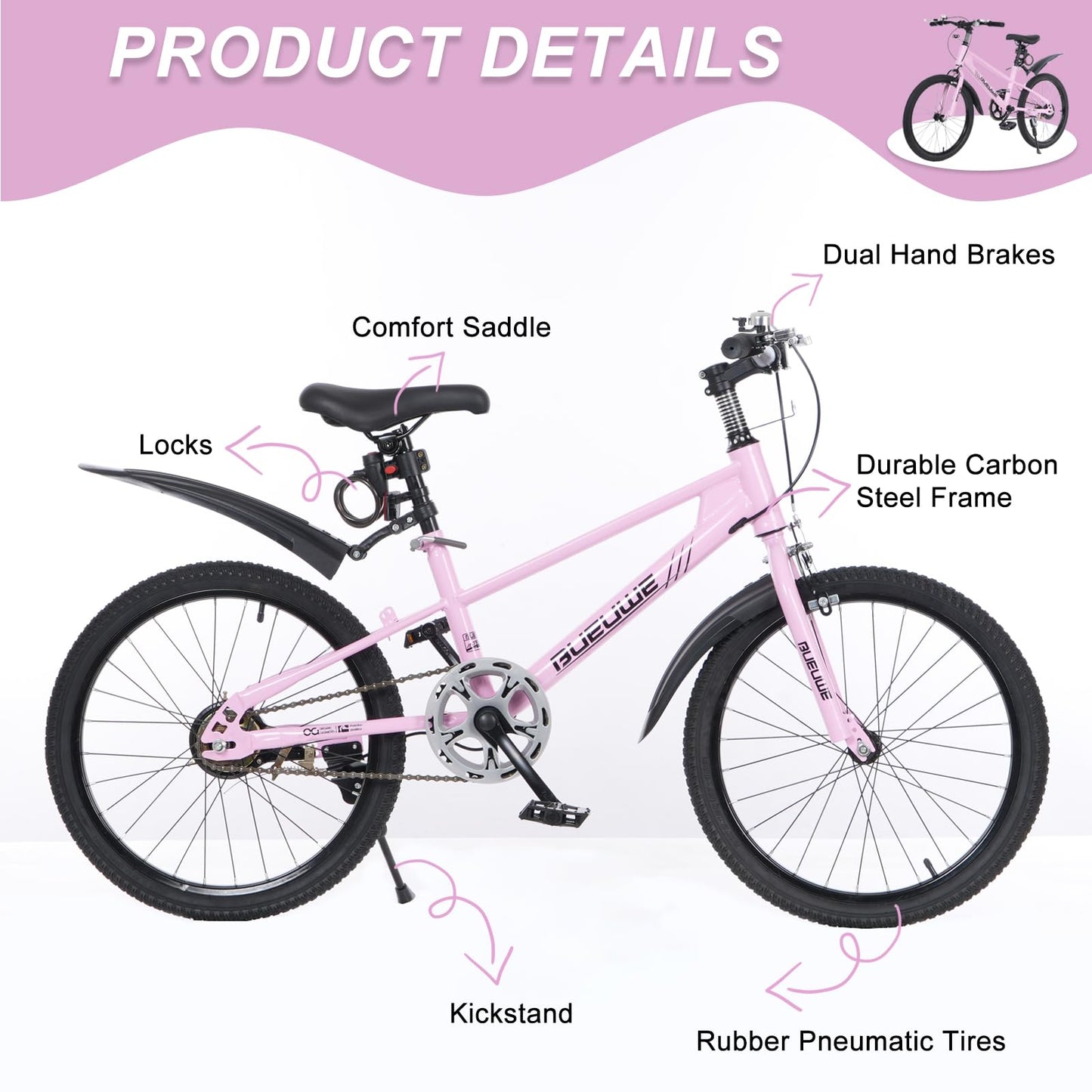 Bueuwe 20 24 Inch Mountain Bike for Kids Ages 6-12 Year Old, Kids' Bicycles with Dual Brakes, Adjustable Seat and Kickstand, Single Speed Bikes for Young Riders,Pink,20 Inch