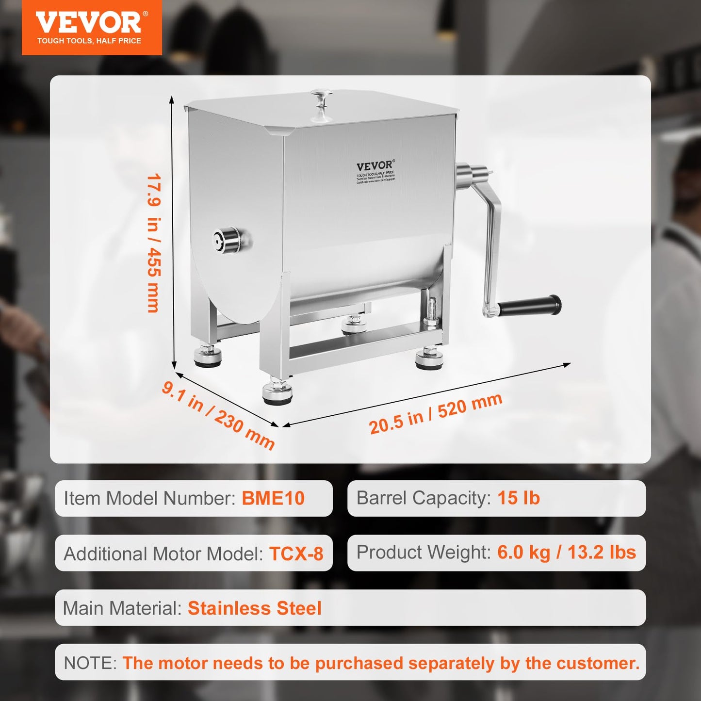 VEVOR Manual Meat Mixer, 15 Pound Capacity Tank Meat Processing Equipment, Stainless Steel Meat Mixer, Sausage Mixer Machine with Lid and Handle, Ground Beef Hand Mixer, Silver