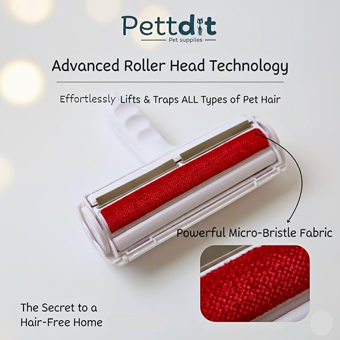 Pettdit Pet Hair Remover & Detailer Bundle – Reusable Lint Roller + Grooming Brush for Cats & Dogs – Removes Fur from Furniture, Carpet, Clothes & Bedding