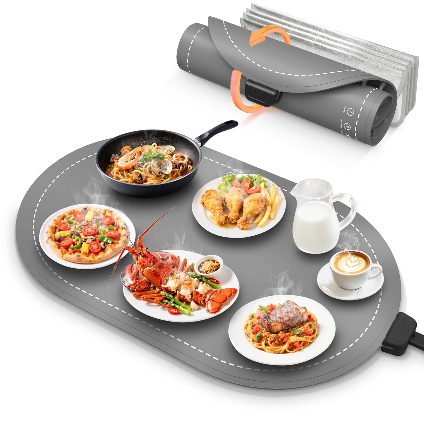 Warming Mat for Food with Heat-Resistant Pad(24"x15"),Food Warming Mats for Countertop,Roll Up Silicone Warmer Mat for Party Buffet,Christmas House Warming Gift for Home Hosting Daily Use(Gray)