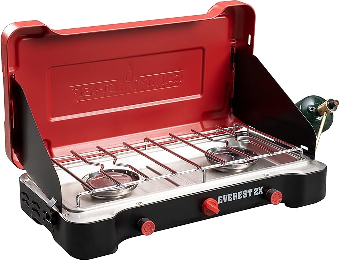 Camp Chef Everest 2X 2-Burner Camping Stove - Portable Propane Cooktop with 40,000 BTUs of Power, Folding Lid, Wind Guards...