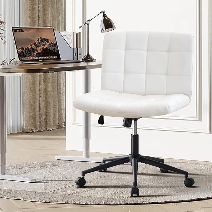 Furnimart Criss Cross Desk Char Wide Seat with Wheels, 360° Swivel Cross Legged Desk Chair Thick Cushion, Comfy Armless Home Office Chair for Bedroom, Vanity, Sturdy (Faux Leather White)