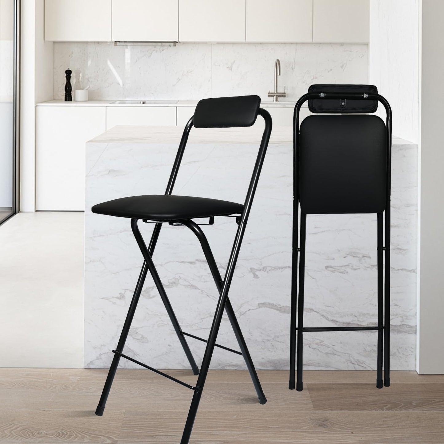 FATOLRD Folding Bar Stool with Back, 1 pcs Tall Foldable Stool Chair Portable Adult Collapsible Stools Counter Height Seat Leather Padded Kitchen Shop Comfortable Sturdy