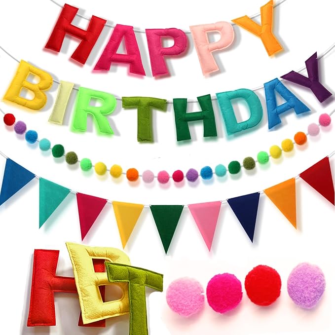 Pre-Strung Happy Birthday Banner, Felt Ball Garland HAPPY BIRTHDAY Garland, Rainbow Decorations Decor Party Pennant, Multi...