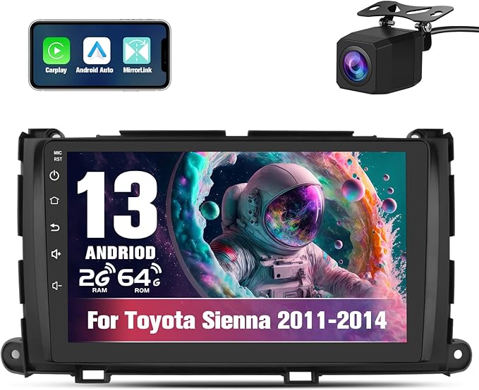 Pyniro 2G+64G Car Radio Stereo for Toyota Sienna 2011-2014 9 Inch Android 13 Head Unit Touchscreen with CarPlay Android Au...