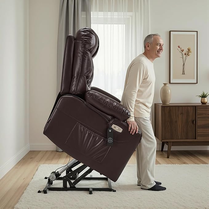 MCombo Oversized Power Lift Recliner Chair with Extended Footrest, Extra Wide 27.2" for Big and Tall Elderly People, Faux Leather R7289 (Dark Brown, Medium-Oversize)