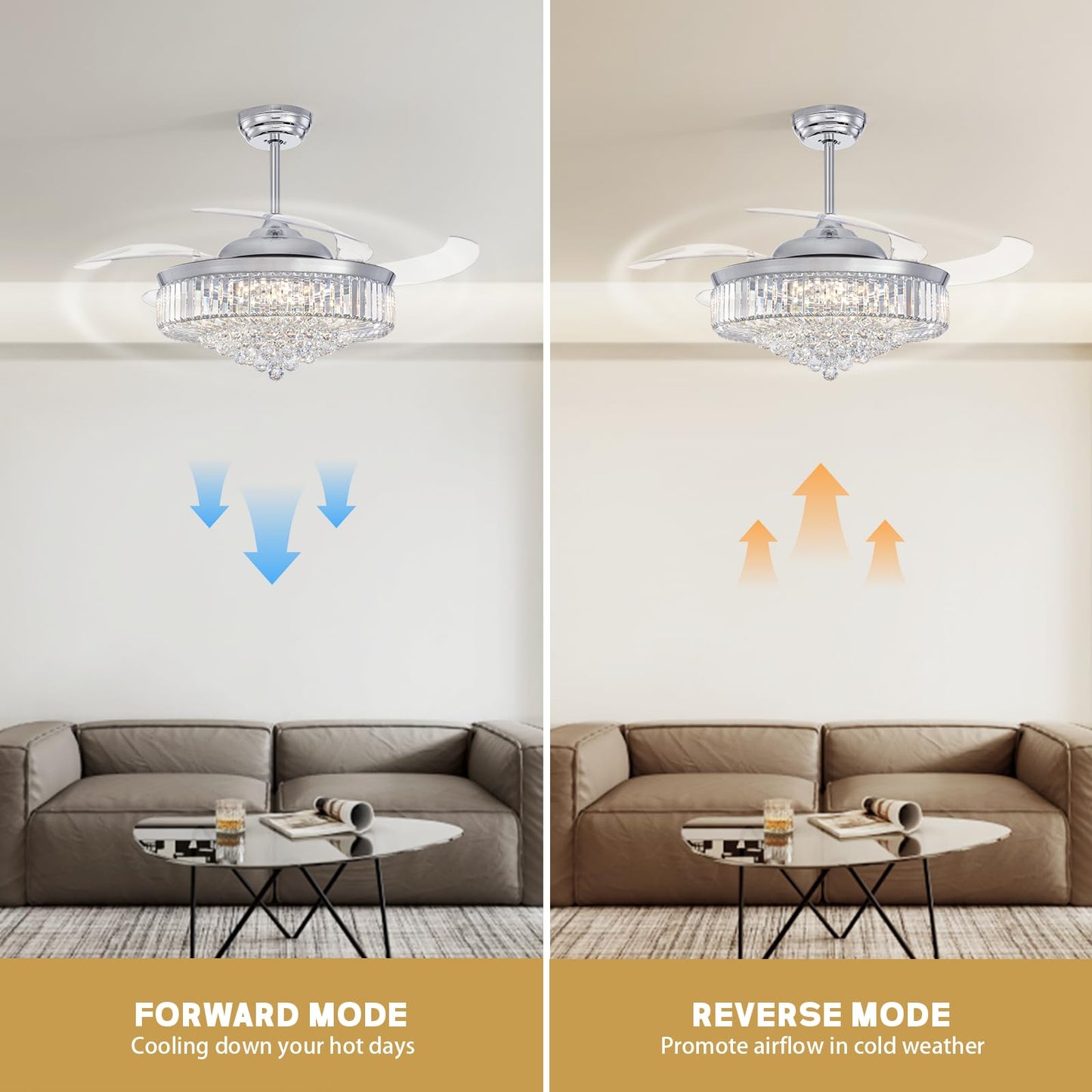 MOOONICHE 52 Inch Fandelier Ceiling Fan with Lights and Remote, Dimmable Crystal Chandelier Fan, LED Crystal Fan Light Kit for Dining Room Bedroom-Chrome