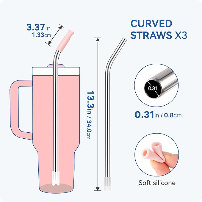 Reusable Stainless Steel Straws with Silicone Tip for Stanley 40oz, Metal Drinking Straws for 40oz Tumbler,3 Bent Tubes & 6 Tips& 1 Cleanr Brush (Dried Pine)