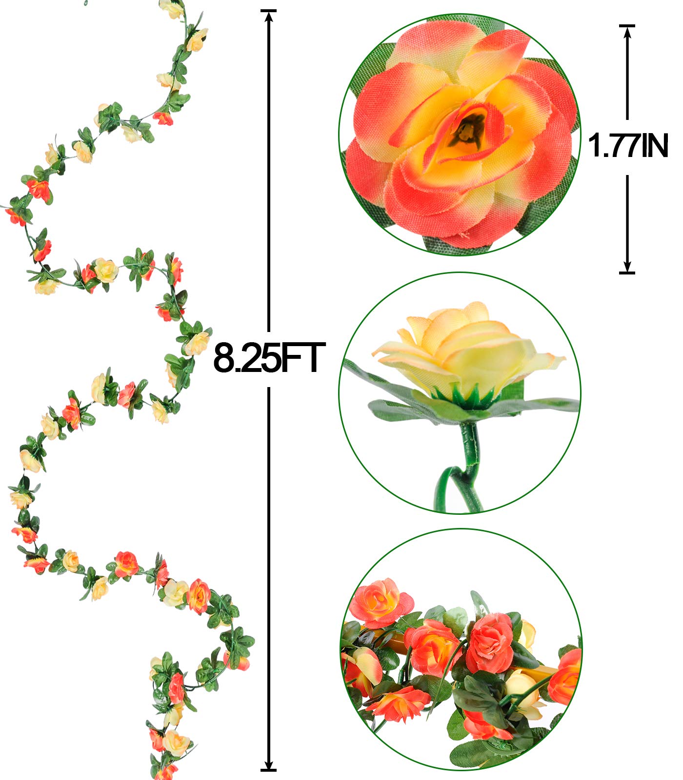 Miracliy 8Pcs 66FT Flower Garland, Orange and Champagne Artificial Rose Floral Vines Fake Hanging Spring Flower Garland for Wall Backdrop Wedding Arch Tea Party Door Mantle Decoration