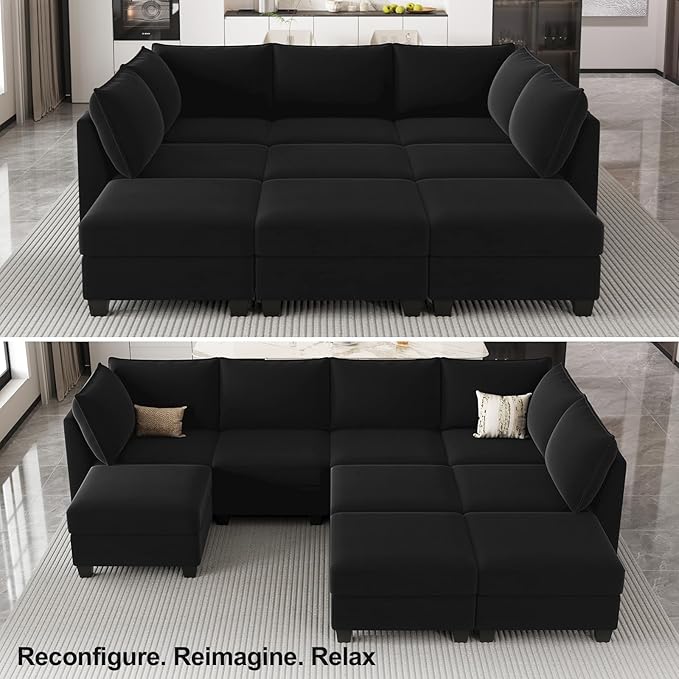 Belffin Modular Sectional Sofa Bed with Storage, 9-Seater Velvet Reversible Sleeper Couch for Living Room, Black