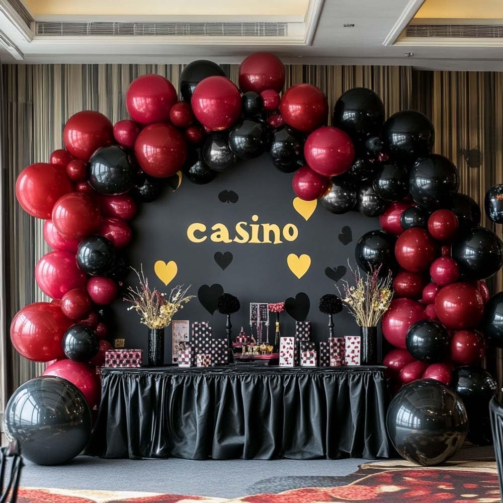 Black Red Balloon Arch Double Stuffed Black Burgundy Maroon Balloons Dark Ruby Red Metallic Balloon Garland Kit for Birthday Wedding Halloween Casino Anniversary Graduation Party Decoration