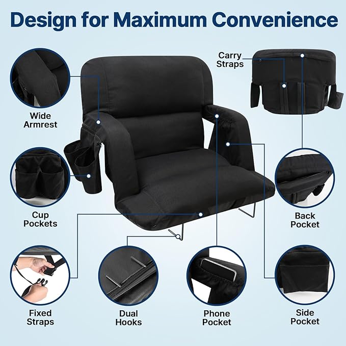DEKEMASTER Stadium Seats with Back Support, Exclusive Sofa Style Design 25inch Wide Bleacher Chairs with Extra Thick Back and Cushion, 6 Reclining Positions for Sport Events Camping
