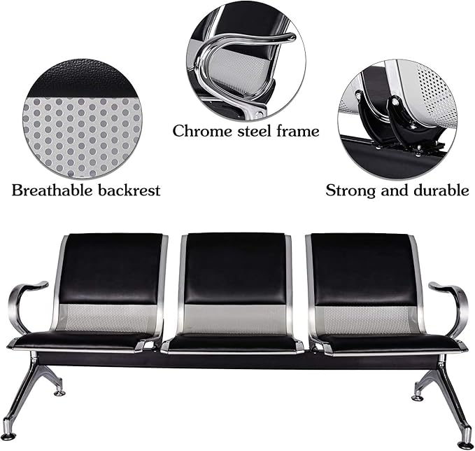 kinbor Waiting Room Chairs - Durable PU Leather Reception Bench with Armrests, 5-Seat Office Reception Guest Chairs for Office, Hospital, Airport, Bank & Lobby, Black