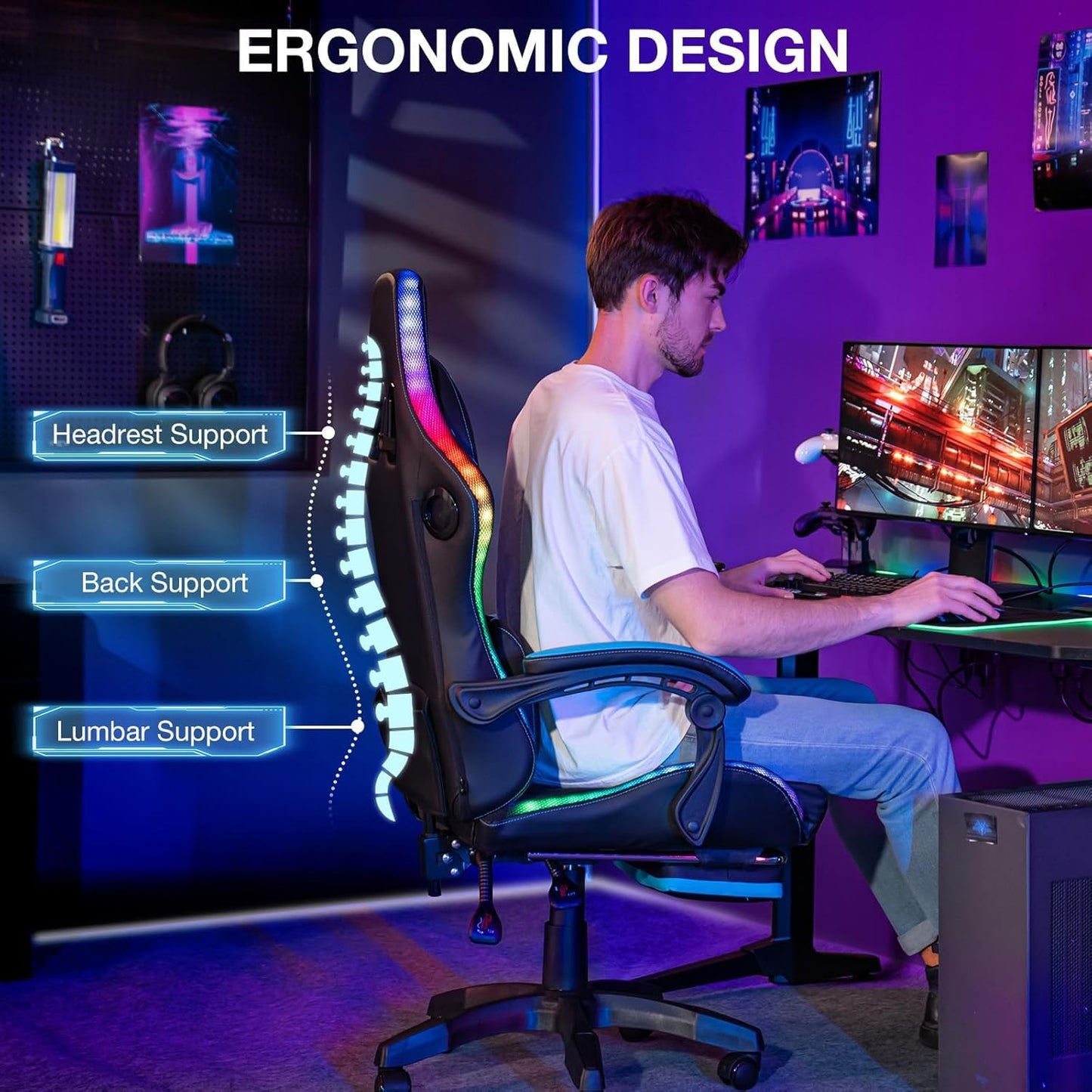 HOFFREE LED Gaming Chair with Speakers Massage Big and Tall Computer Gaming Chairs Ergonomic Reclining Heavy Duty Game Chair with Footrest Blue and Black