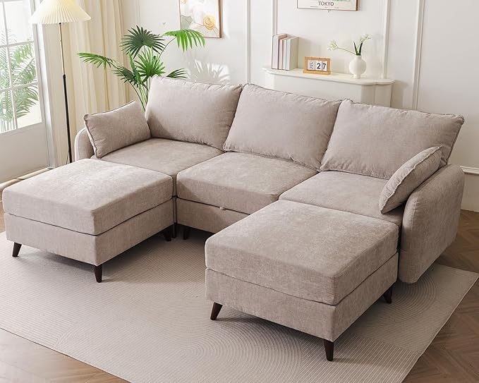 Rexulqo 104'' Modular Sectional Sofa with All Seats Storage, Oversized U Shaped Couch for Living Room,3-Seater Comfy Cloud Couches with Movable Ottoman,Big Sectional for Bedroom,Velet,Khaki