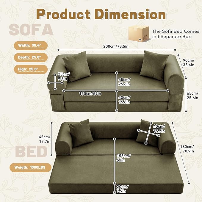 GJQ Convertible Folding Sofa Bed,78.5 Inch Faux Leather Futon Couch with Pillows & Storage Pocket,5-in-1 Queen Sleeper Sofa in a Box with Pull Out Bed,Boneless Couch for Living Room Bedroom,Green