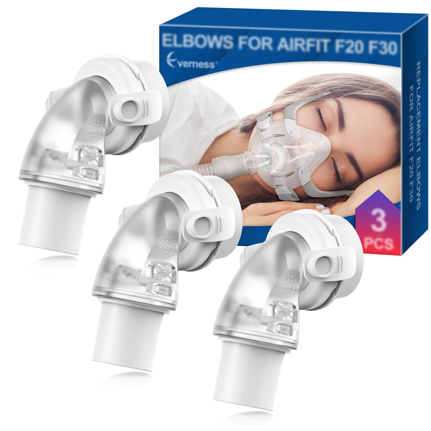 3 Packs F20 F30 Elbow Connector Compatible with ResMed Airfit F20, F30 & Airtouch F20, Replacement Elbow with Triple 360° Swivel & Quick-Release Technology, Snug-Fit & Leak-Free for F20 Mask CPAP User