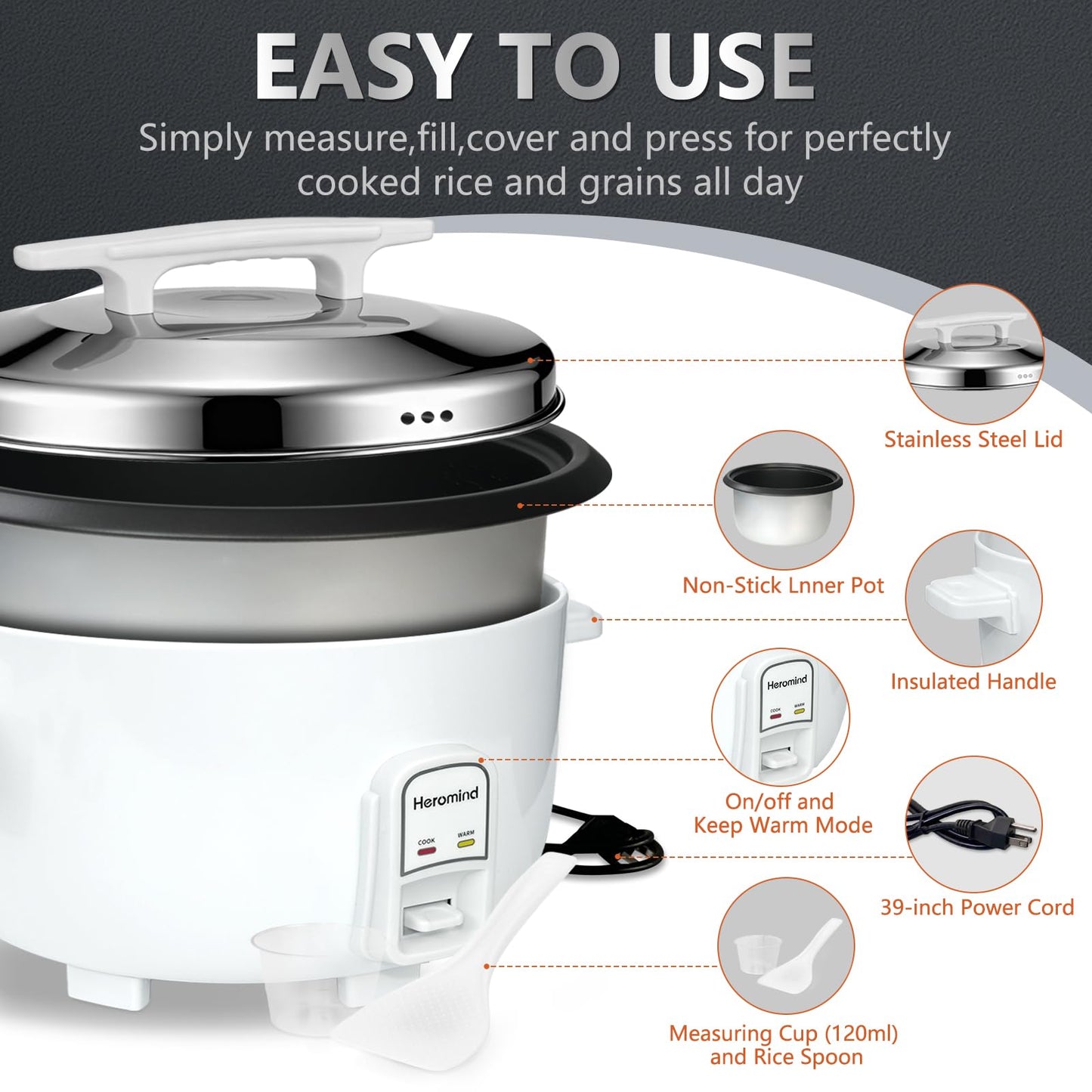 Heromind Commercial Rice Cooker, 46-Cup Rice Cooker, 9Qt / 10 L Large Rice Cooker with Nonstick Inner Pot, Fast Cooking and Auto Keep Warm, with Rice Cup and Paddle, Easy to Clean, 1600W