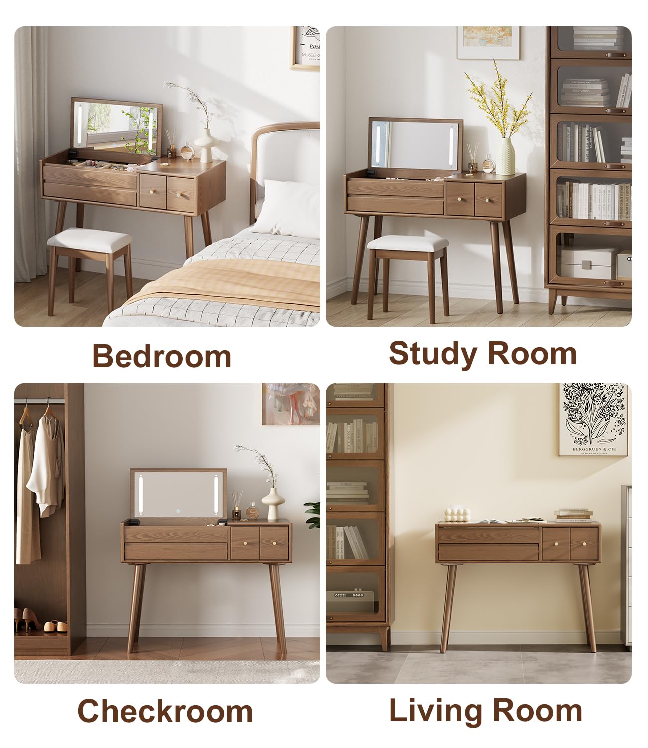 KungFuWood Wood Vanity Desk with Mirror and Lights, Dressing Vanity Table Vanity Set 4 Drawers, 40 Inch Large Make Up Vanity Table Wooden with 3 Lighting Modes Log Color (with Adapter)