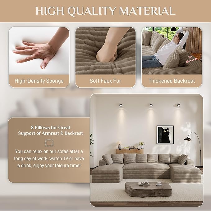 Modular Sectional Sofa, 130" U Shaped Cloud Couch Plush Corduroy Comfy Deep Seat Boneless Sofas with 8 Pillows Double Chaise Lounge Sectional Couches with Memory Foam for Living Room - Light Camel