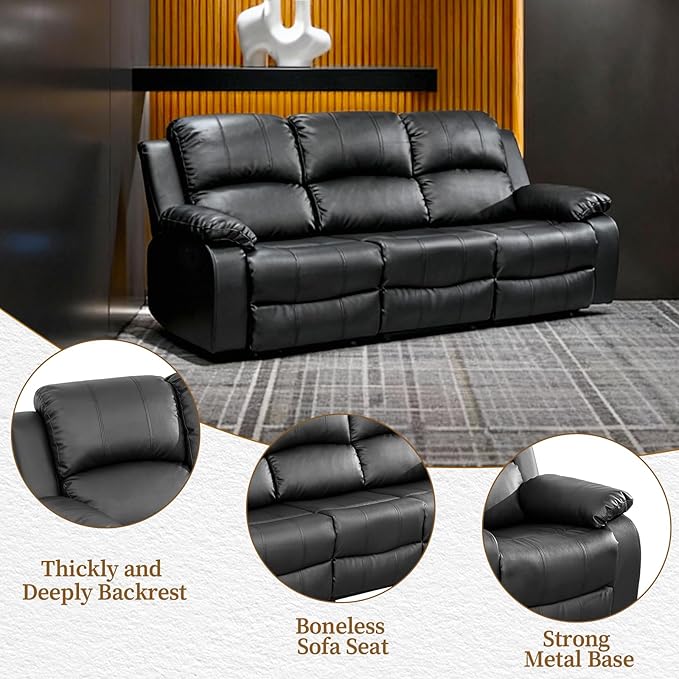 Saxum Tegmen Living Room Furniture Sets, Sectional Leather Couch Set, Adjustable Recliner Sofa with Double Cup Holders and Coffee Table for Living Room Furniture(Sofa, Black Leather)