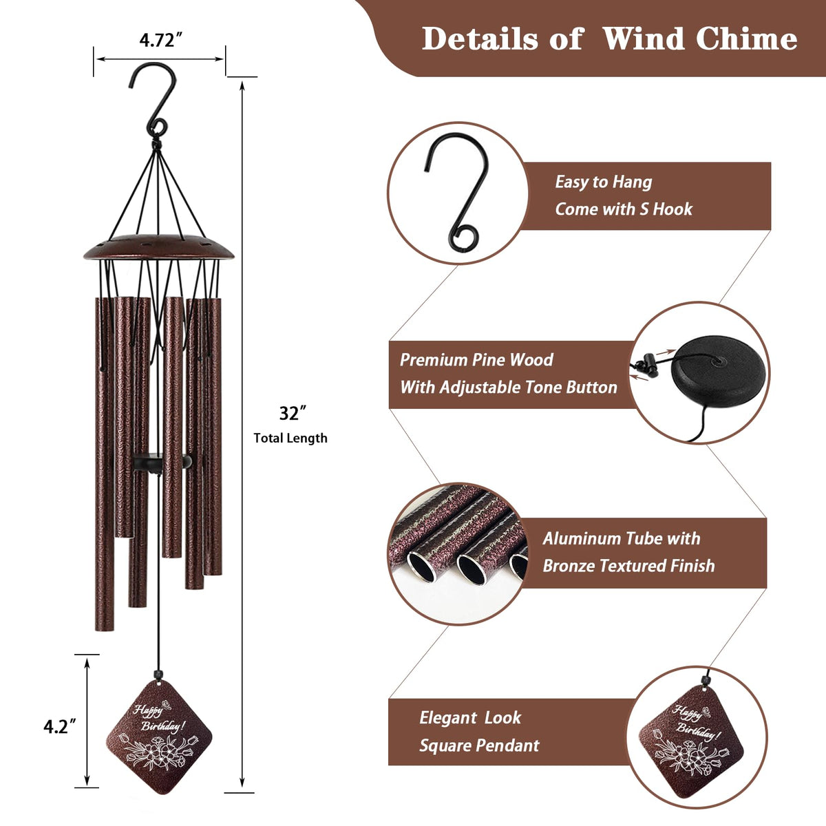 Doopeer Sister Birthday Gifts, Unique Birthday Gift Ideas for Sister from Sister Brother, 32" Bronze Wind Chimes