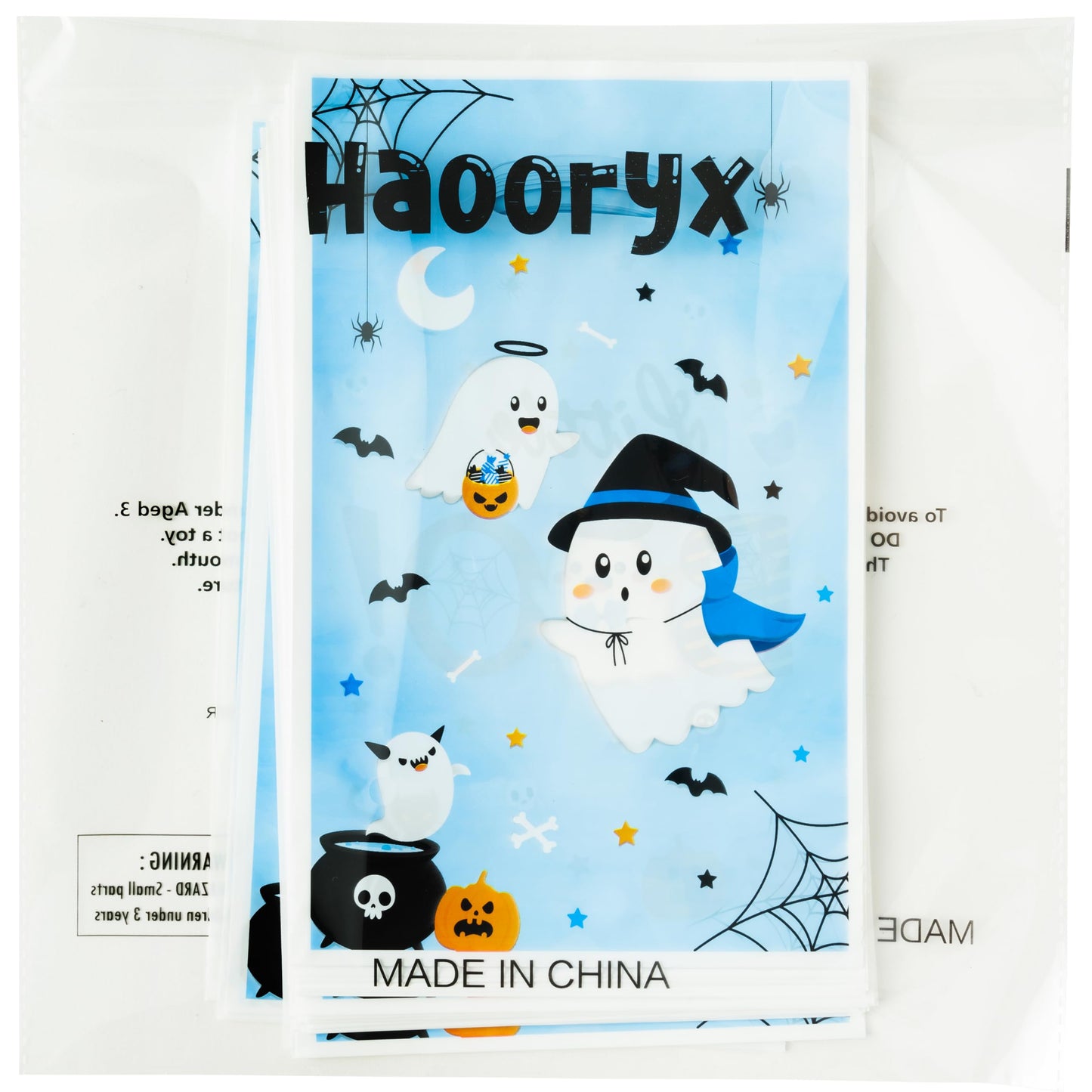 Haooryx Bule Little Boo Favor Bags - 50Pcs Halloween Little Ghost Plastic Gift Bag Birthday Party Gift Warp Goodie Candy Treat Bags for Halloween Party Kids Boy Birthday Baby Shower Party Favor Supply