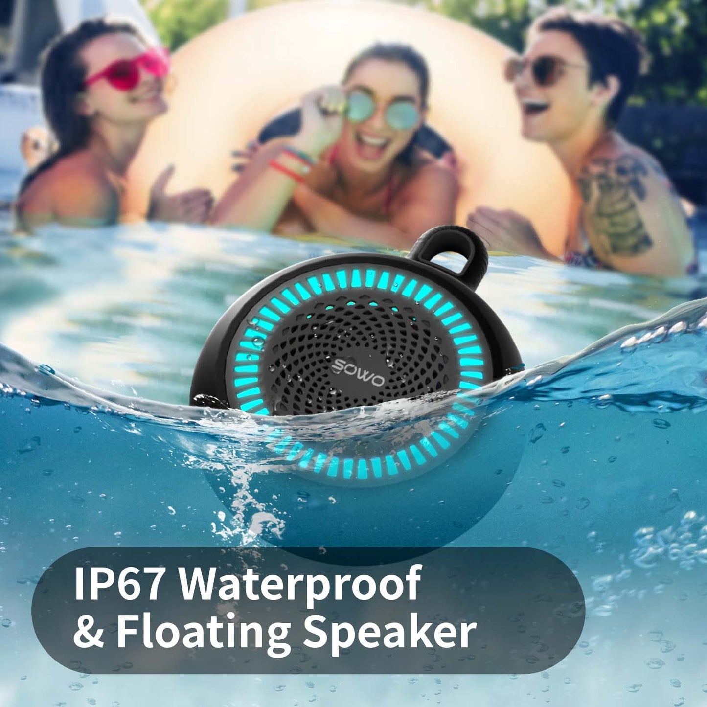 SOWO Bluetooth Shower Speaker Waterproof | Small Portable Bluetooth Speaker Wireless with Clip | Powerful Bass and Louder Volume | Colorful Lights and Lightweight | with TWS Pairing | Black