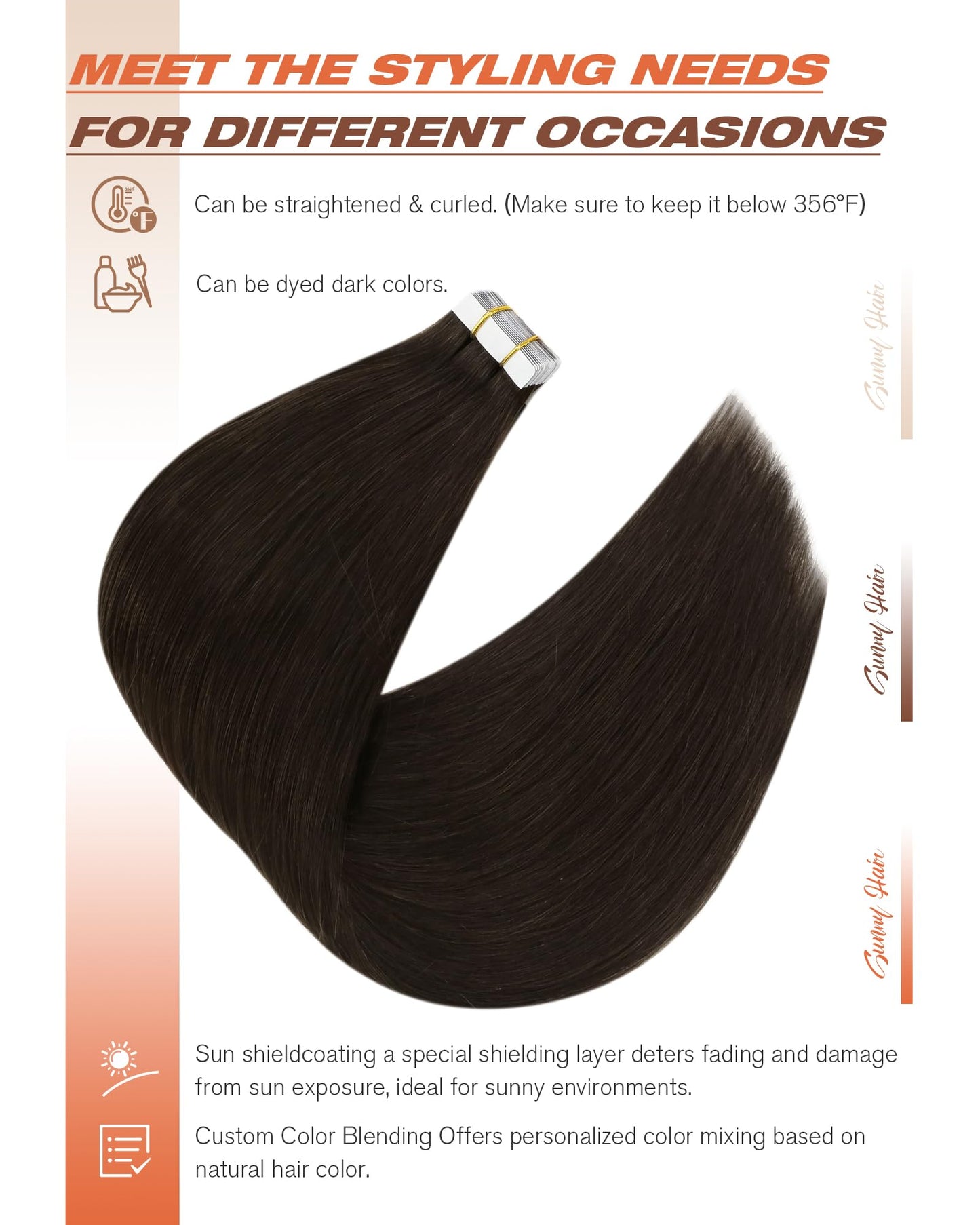 Sunny Hair Tape in Hair Extensions Real Human Hair Invisible Remy Hair Extensions Tape ins for Women Dark Brown 24 inch 20Pcs 50