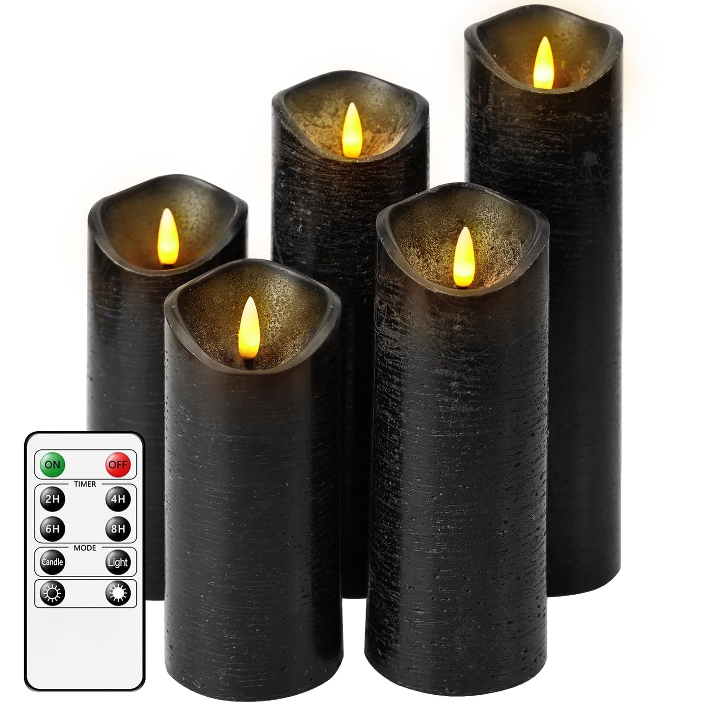 Nimiko Flickering Flameless Candles with Remote Control and Timer Set of 5 Pc Real Wax LED Pillar Candles, Battery Operated Candles（D2.2×H5/5.5"/6"/7"/8"） Home Decor Flameless Candles（Black）