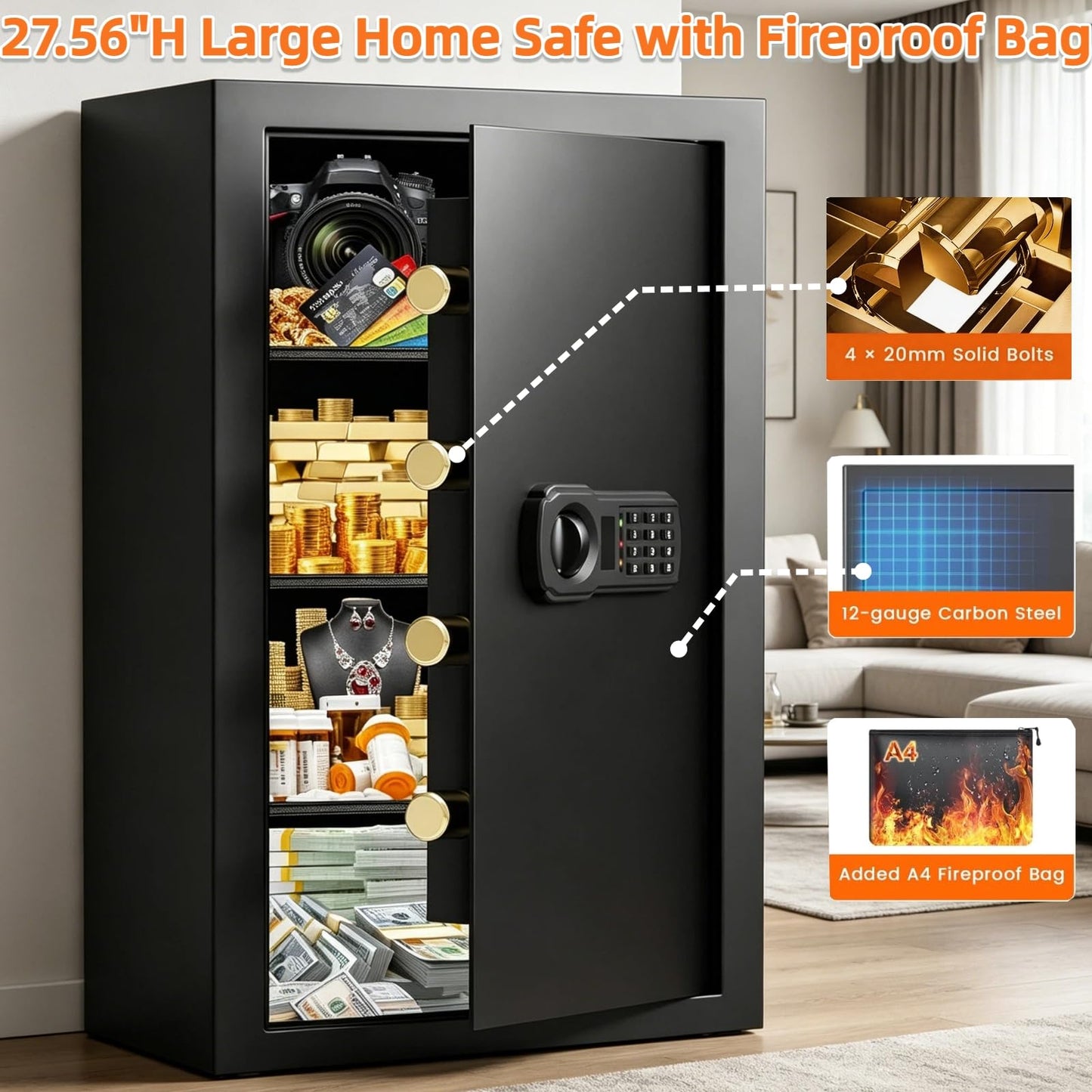7.0 cu ft Large Safe Box for Home & Office, 27.56"H Anti-Theft Safety Box with A4 Fireproof Waterproof Bag, Combination Lock & Removable Steel Shelf, Security Document Safe for Cash Passport Medicine