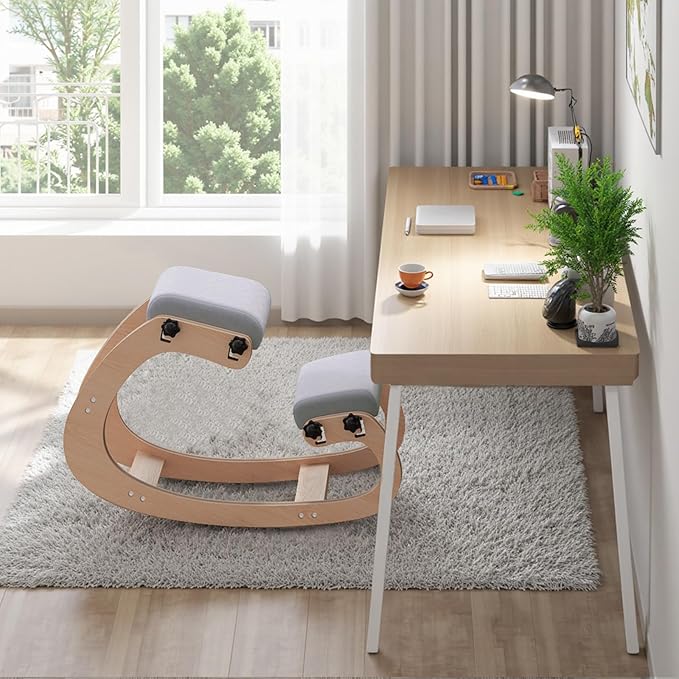 VDNEND Ergonomic Office Kneeling Chair,Wooden Posture Knee Desk Chair for Work,Yoga Rocking Chairs for Relieve Back Pain,Kneel Adjustable Chair for Gaming,Home