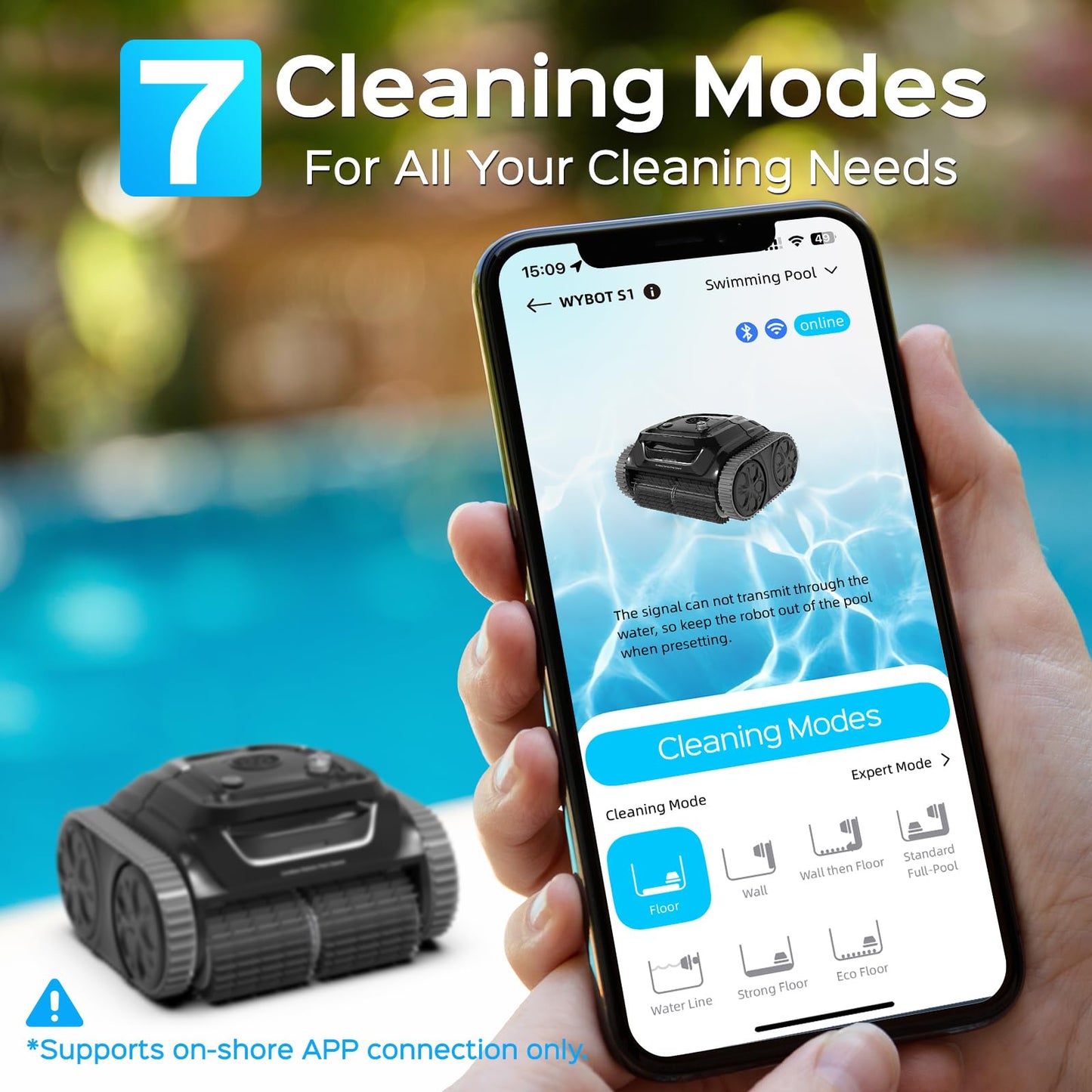WYBOT S1SE Cordless Robotic Pool Cleaner, Pool Vacuum for Inground Pools with APP Support, Wall & Waterline Cleaning Up to 1,937sq.ft, 7 Cleaning Modes, 150Mins Runtime(BlackGrey)