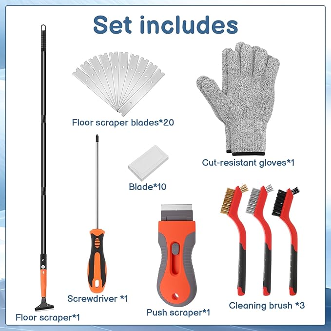 Floor Scraper Long Handle, 20 Floor Scraper Blades 4 Inch, 3 Pcs Wire Brush 1 Pcs Razor Blade Scraper Tool for Deep Cleaning Glass Wall Gum Paint Tile Glue Linoleum