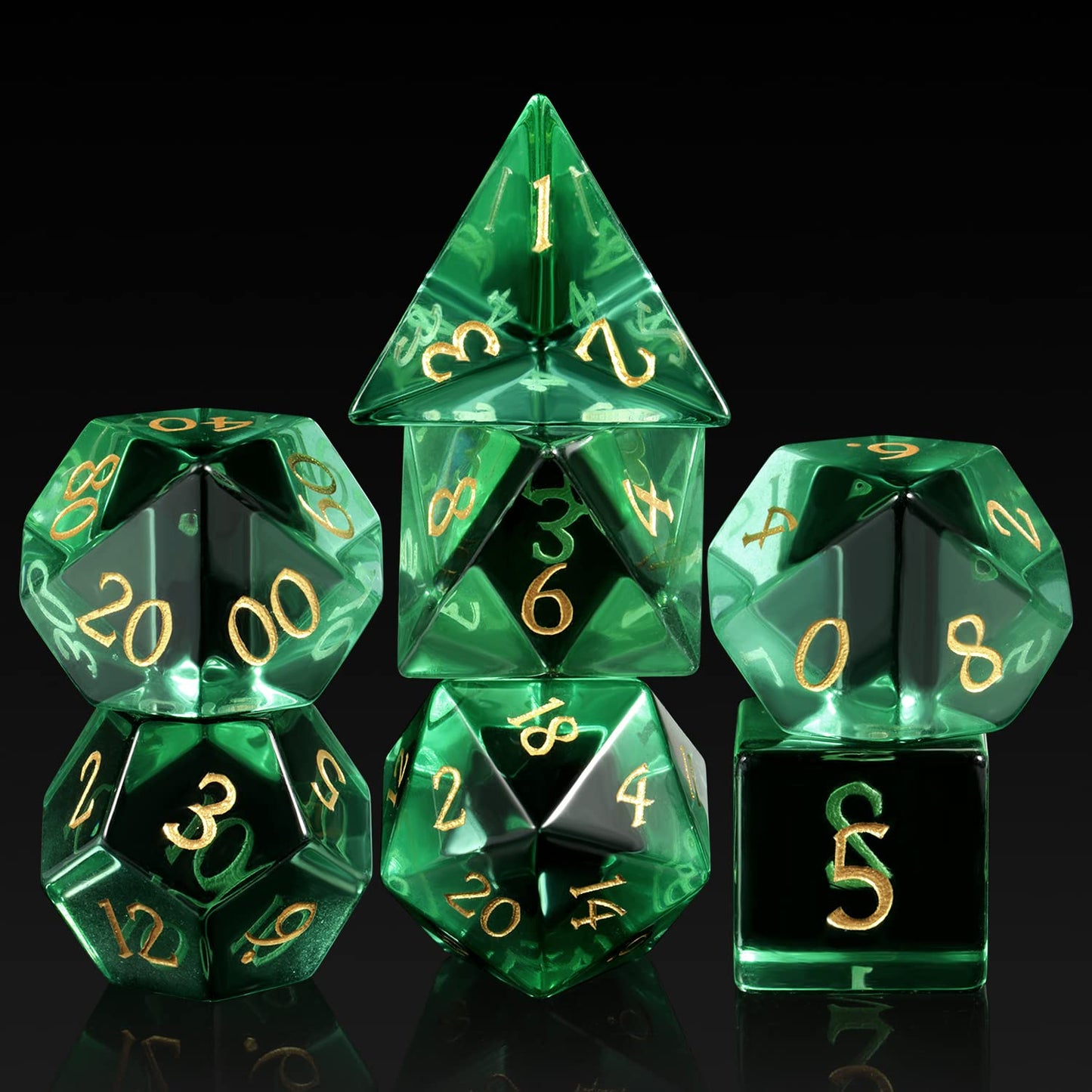 D&D Dice, DNDND 7 Piece Zircon Glass Dice Set with Great Gift Box for Dungeons and Dragon DND Tabletop Game (Green Glass with Gold Num)