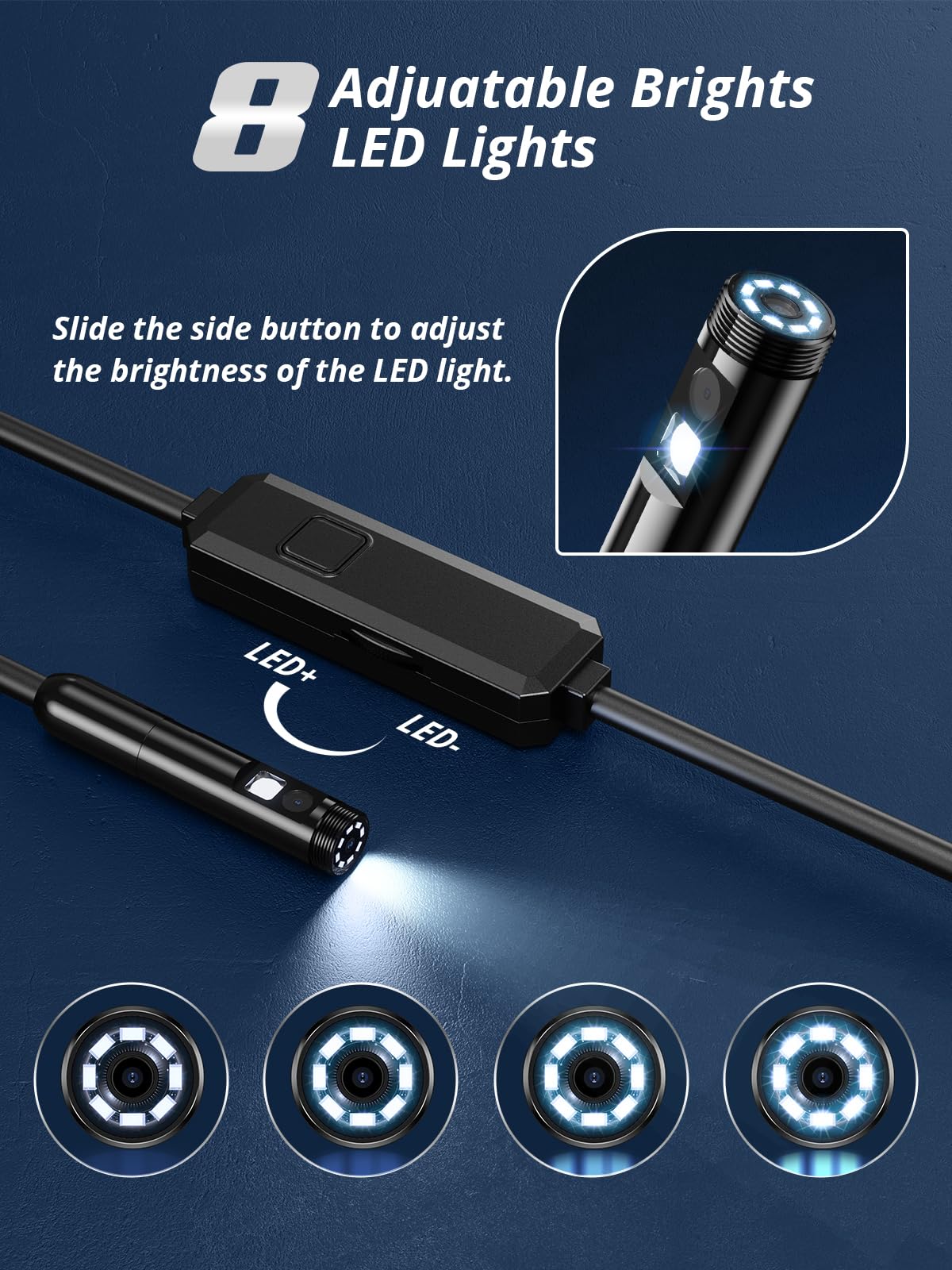 Acoath Endoscope Camera with Light, Dual-Lens 1920P HD Borescope with 8 Adjustable LED Lights, IP67 Waterproof Boroscope Inspection Tools, 33ft Semi-Rigid Snake Camera for iOS & Android