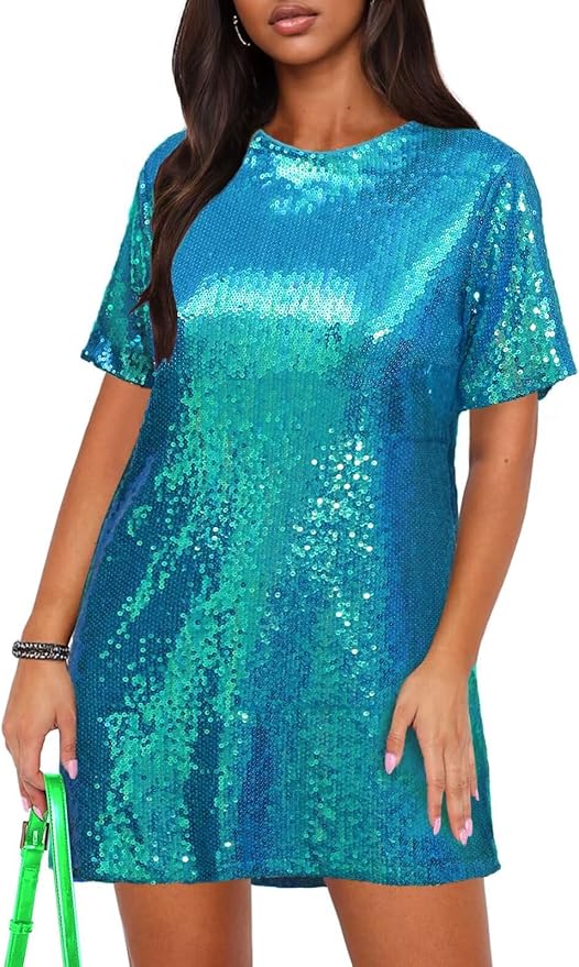 Ophestin Women's Sparkly Sequin T Shirt Dress Short Sleeve Crewneck Tie Backless Glitter Party Club Dresses