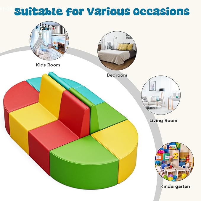 UMOMO 8-Piece Flexible Seating Set for Classroom, Colorful Modular Kids Couch for Playroom, Daycare, Preschool (Red+Yellow+Blue+Green)
