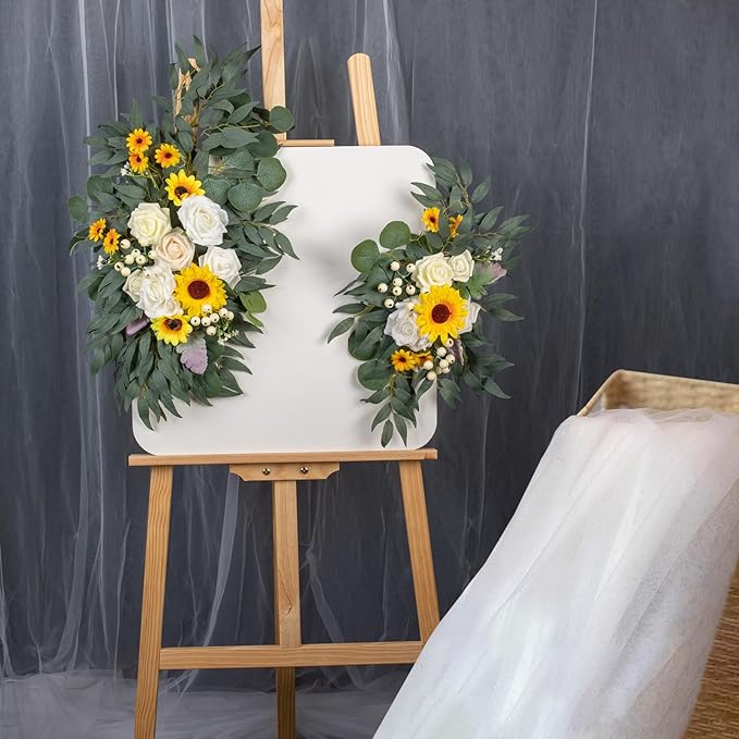AitnWoy Artificial Wedding Arch Flowers Kit 2 PCS Dust Rose Flowers Silk Peony Floral Swag Welcome Sign for Wedding Ceremony Party Home Garland Decor (Sunflower Yellow)