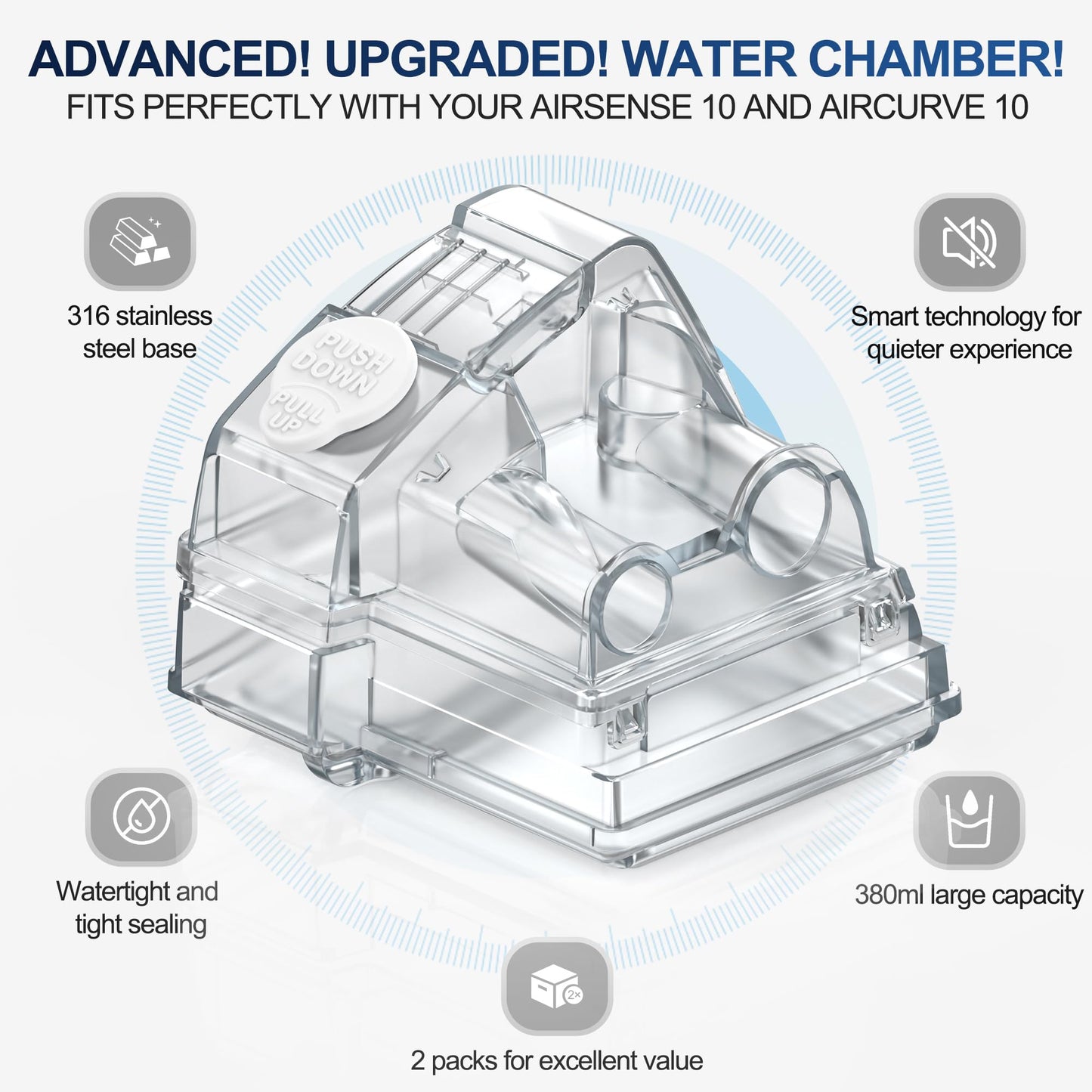 2 Packs Replacement Cleanable Water Chamber 37299 for AirSense 10 & AirCurve 10, FSA/HSA Eligible, Perfect Fit & Reliable Seal Water Tub for Durable Use, Great-Value Replacement Supplies by Everness