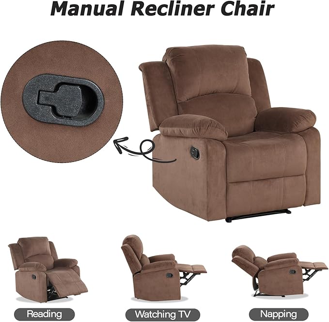 CANMOV Manual Recliner Chair, Soft Fabric Overstuffed Recliner Single Sofa Chair for Living Room Bedroom, Heavy Duty and Safety Reclining Mechanism, Light Brown