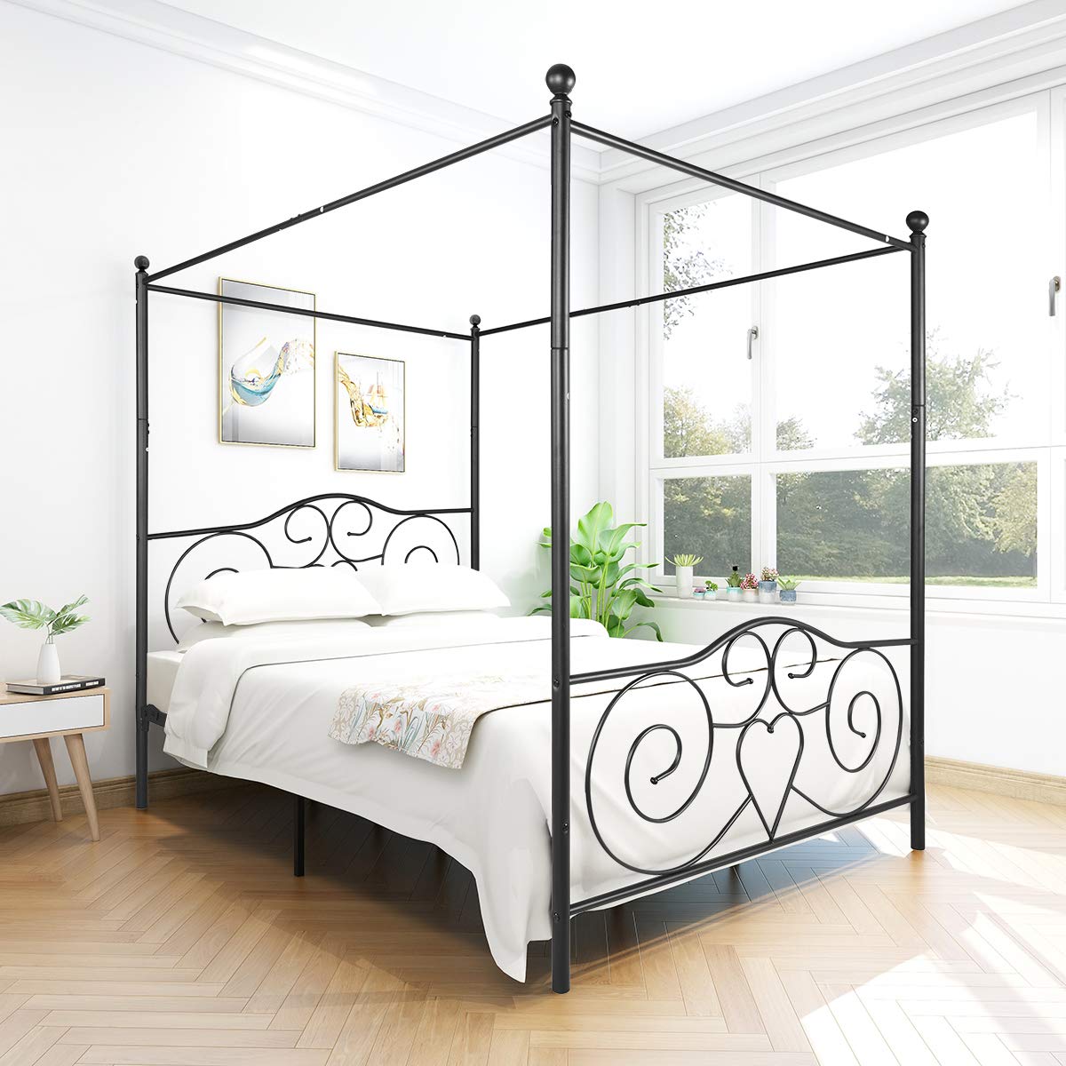 LUMISOL Queen Canopy Bed Frame, Metal Canopy Bed Frame wit Headboard & Footboard, Easy Assembly, Noise Free, Black