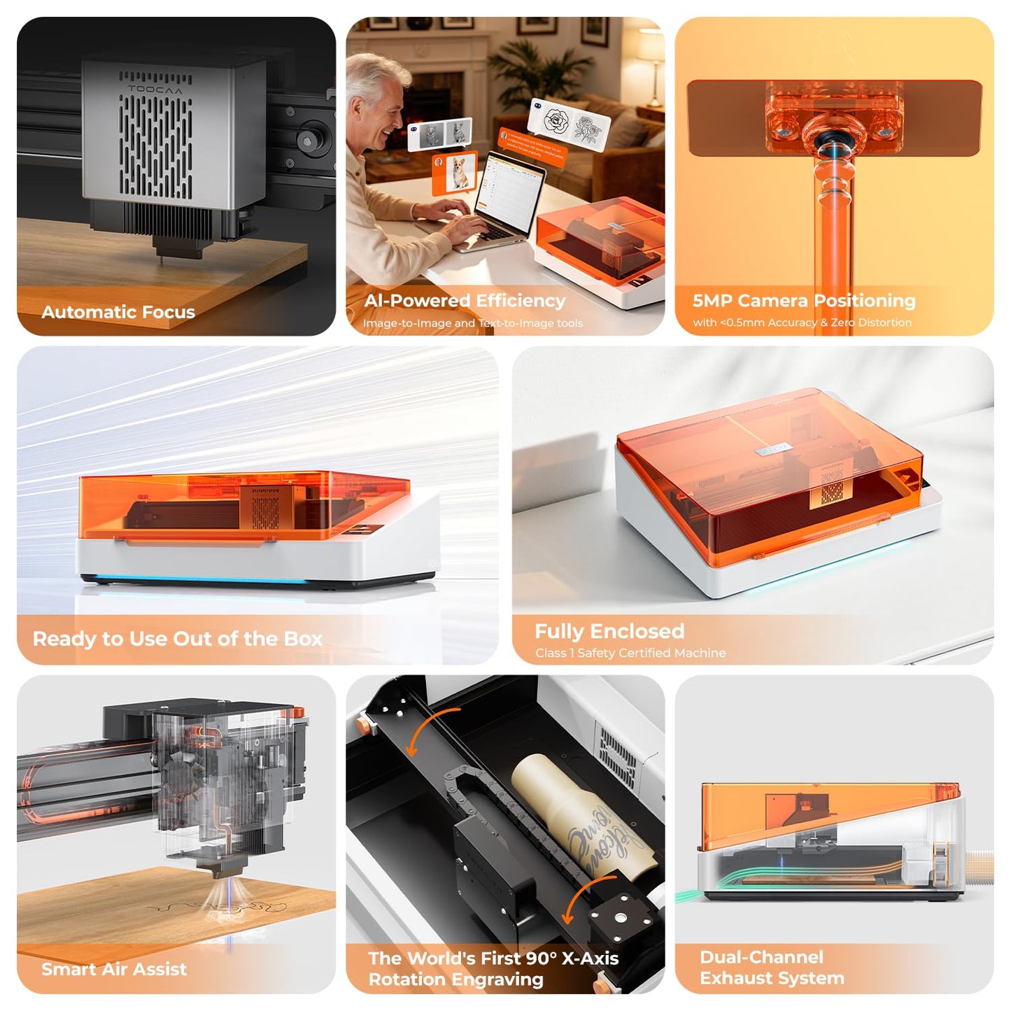 TOOCAA NOVA 10W Smart AI Laser Engraver with Rotary & Air Assist, Fully Assembled Enclosed, 5MP AI Positioning Camera & Auto Focus, Blade Cutting Panel, Class 1 Safety, No-Riser Tumbler Engraving