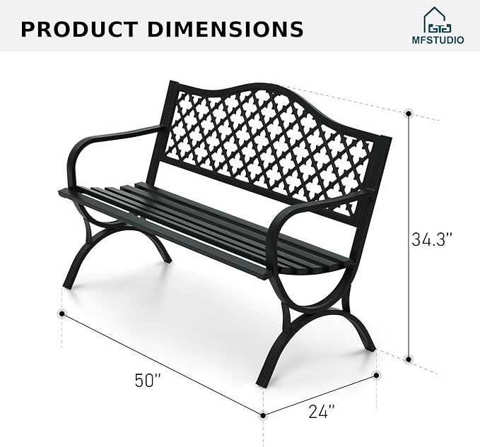 MFSTUDIO Outdoor Metal Bench Set of 2, 50" Black Outdoor Metal Garden Bench with Arch Legs, Cast Iron Frame Patio Furniture with E-Coating, Perfect for Porch and Yard