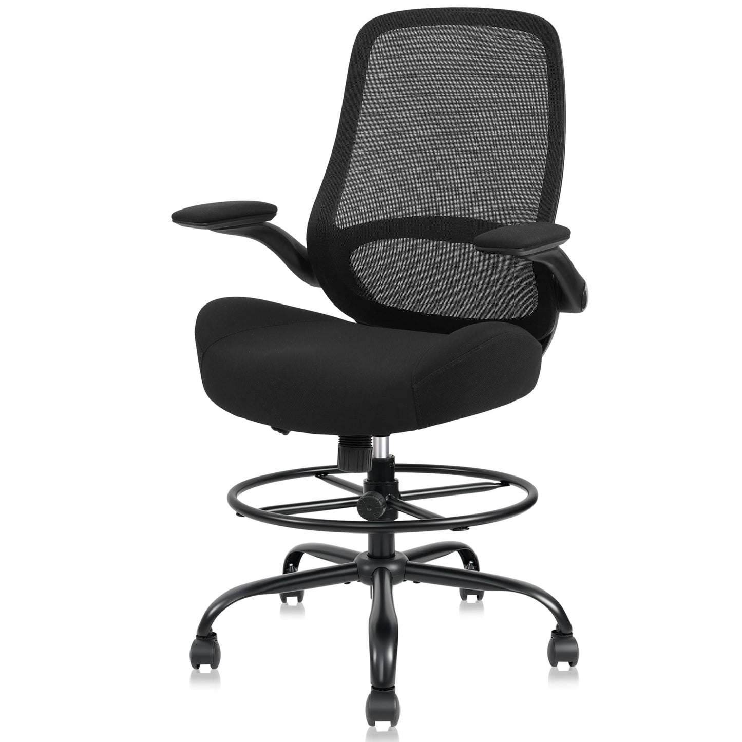 HYLONE Drafting Chair Tall Office Chair with Flip-Up and Adjustable Armrests Ergonomic Computer Chair with Adjustable Footrest Ring Mesh Standing Desk Chair (Black)