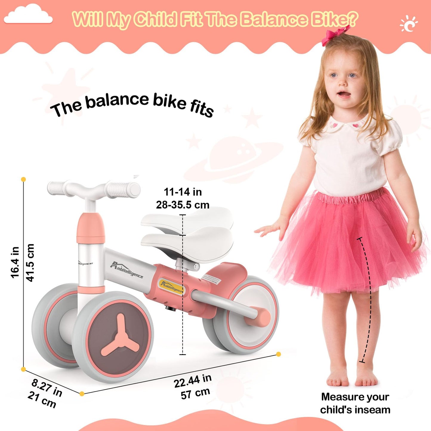 Ambitelligence Colorful Lighting Baby Balance Bike for 1 Year Old Girl Boy Gifts 12-36 Months Toddler Balance Bike with Adjustable Soft Seat and 4 Wheels First Birthday Gifts for Baby Scooter (Pink)
