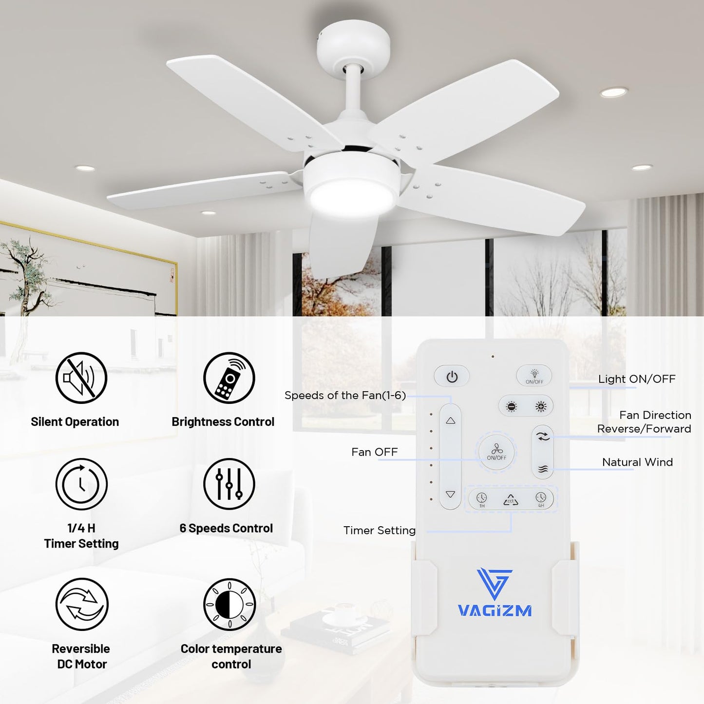 Vagizm Ceiling Fan 36 For Small Room: Matte White Modern Fans With Light Remote Control - Reversible Quiet Dc Motor Dimmable W