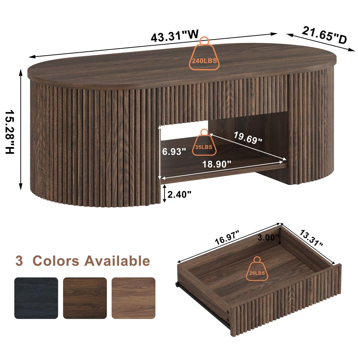 FATORRI Coffee Table with Storage, Mid Century Modern Wood Fluted Center Table with Shelf, Oval Coffee Tables with Drawer (Dark Walnut, 43.31 Inch)