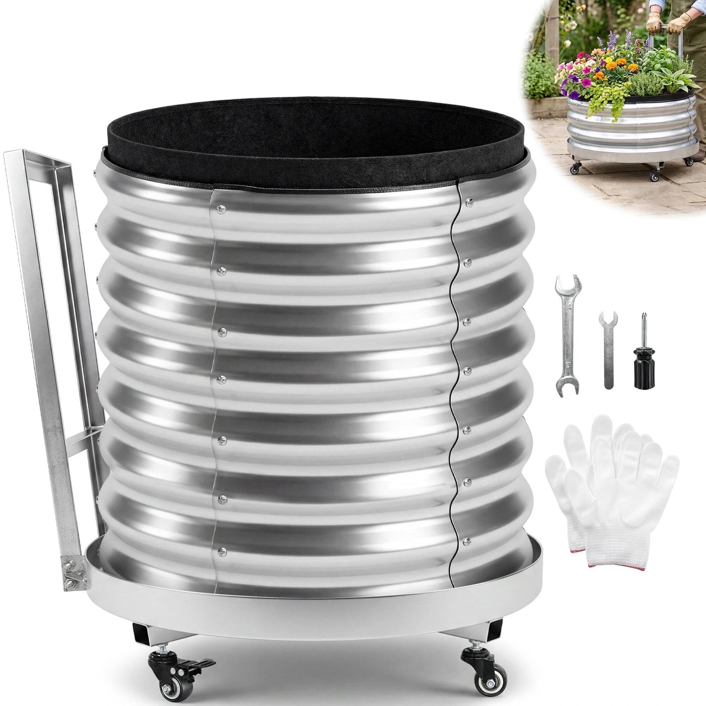 Chonway Large Rolling Garden Planter Box with Geotextile Grow Bag & Plastic Tray Pad, Galvanized Metal Raised Garden Bed Outdoor with Wheels for Flowers Tomatoes Vegetables Olive Trees, 2x2 ft
