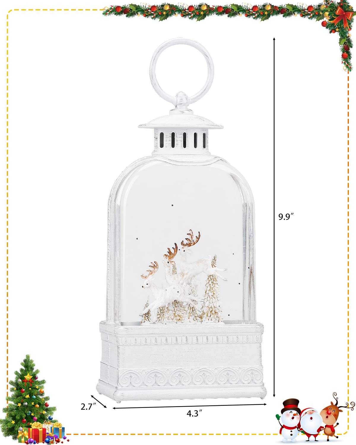 Reindeer Christmas Snow Globes Musical Lightde with 6H Timer Sparkly Swirling Snow Globe Lantern, Christmas Decor Winter Reindeer Gift, Battery or USB Powered White for Christmas Decoration (9.9Inch)
